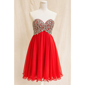 Fiesta Beaded Strapless Holiday Party Dress XS Chiffon Mini Corset Back Sparkle